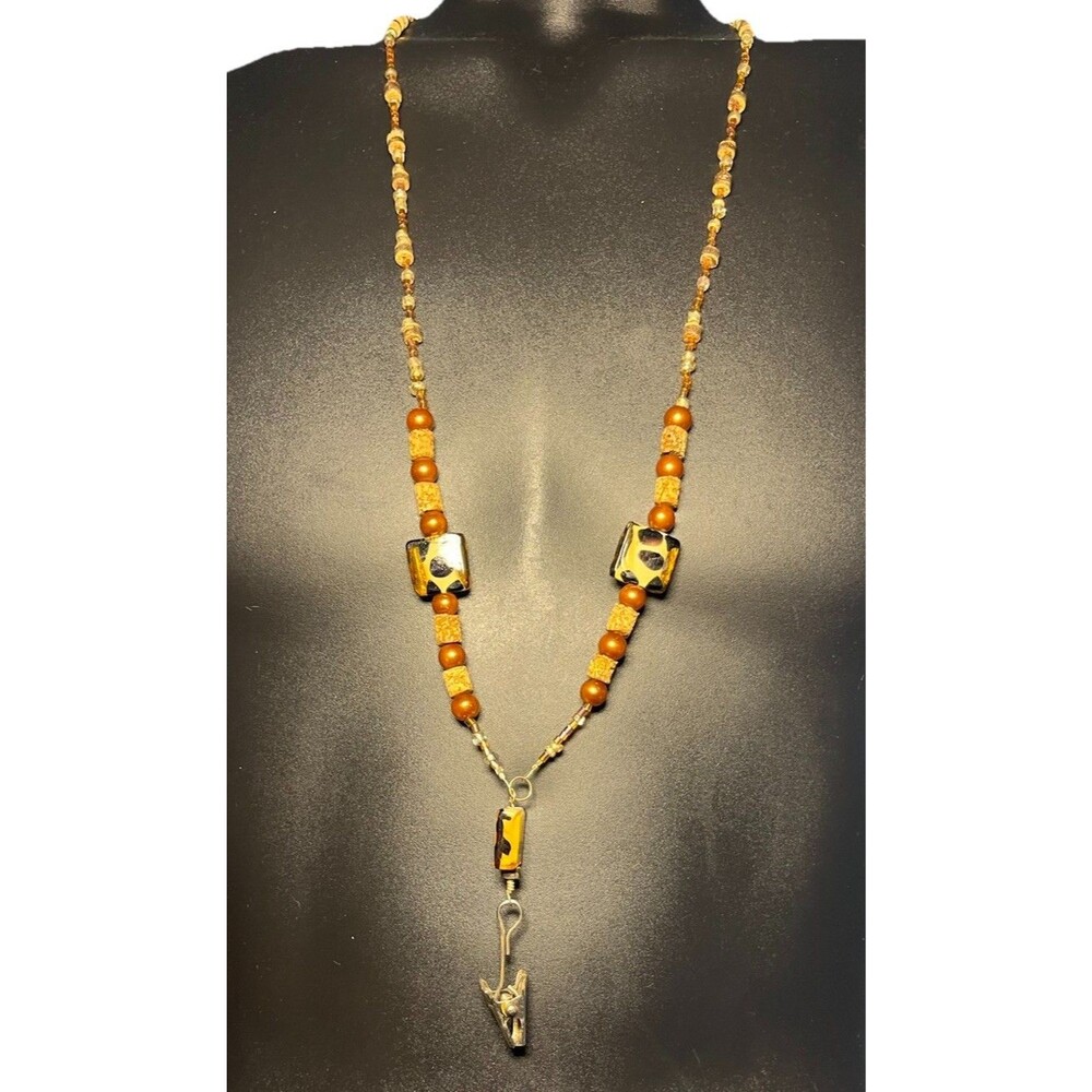 Beaded Lanyard ID Badge Holder Necklace Copper and Animal Print Chain Approx 34"